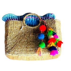 Jade Tribe Artisan made Colorful Raffia Straw Beach or Market Bag Cotton Interio